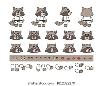 Karate raccoon creation set. Create your own action, animation, pose. Vector illustration bundle