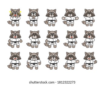 Karate raccoon set showing various emotions. Karate raccoon emoticons: amazed, begging, angry, sad, in rage, tired, suspicious and other expressions. Vector illustration bundle