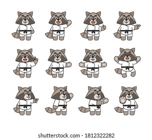 Karate raccoon set showing various hand gestures. Cute karate raccoon pointing, greeting, showing thumb up, celebrating and other gestures. Vector illustration bundle