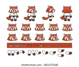 Karate red panda creation set. Create your own action, animation, pose. Vector illustration bundle