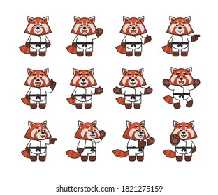 Karate red panda set showing various hand gestures. Cute karate red panda pointing, greeting, showing thumb up, celebrating and other gestures. Vector illustration bundle