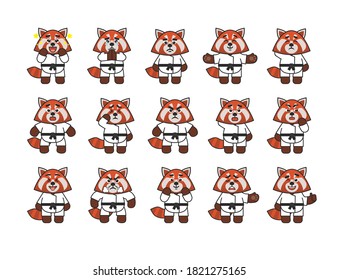 Karate red panda set showing various emotions. Karate red panda emoticons: amazed, begging, angry, sad, in rage, tired, suspicious and other expressions. Vector illustration bundle