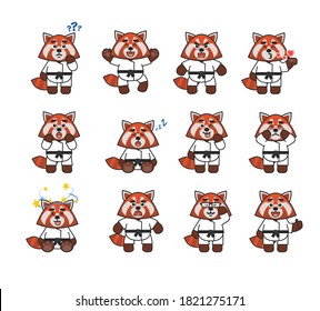 Karate red panda set showing various emotions. Karate red panda emoticons: thinking, angry, surprised, dazed, crying, in love, sleeping and other expressions. Vector illustration bundle