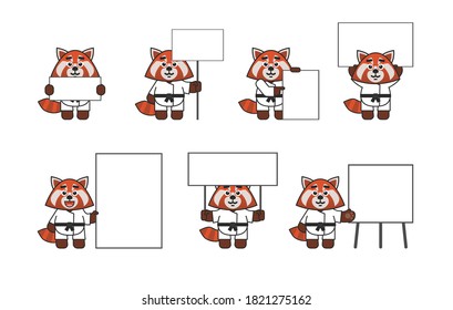 Karate red panda set with various blank banners. Vector illustration bundle