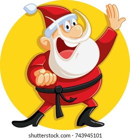 Karate Santa Claus Ready for Christmas Vector Cartoon - Funny Santa smashing Xmas prices in sales
