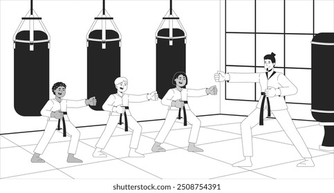 Karate sensei Training Kinder schwarz-weiß Linie Illustration. Lehrer Kimono Kinder üben Schläge 2D Zeichen monochromen Hintergrund. Kampfsport. Martial Arts Klasse Kontur Vektorbild