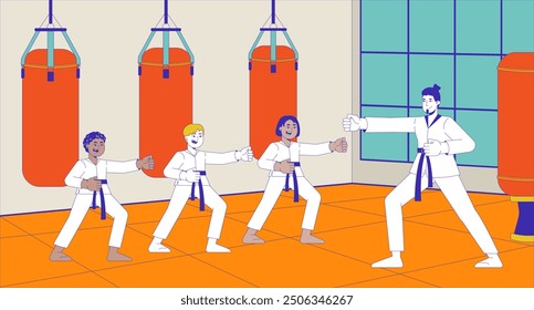 Karate sensei Training Kinder Cartoon flache Illustration. Lehrer Kimono Kinder üben Schläge 2D Zeichen bunten Hintergrund. Kampfsport. Martial Arts Klasse Szene Vektorgrafik Storytelling Bild