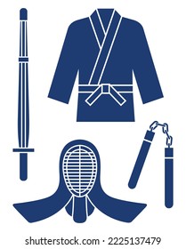 Karate set in doodle style. most necessary equipment and uniform elements  Isolated vector.