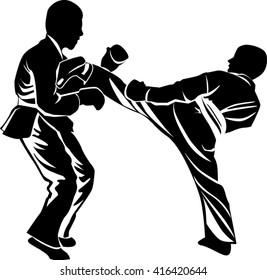 Karate silhouette drawing, vector file. two boys demonstrate karate