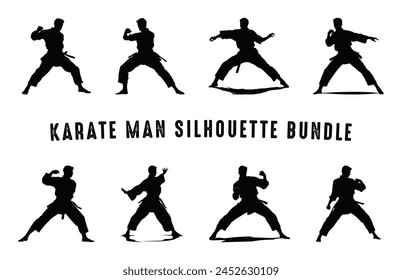 Conjunto de Vector de silueta de karate, colección de siluetas de luchador de karate, Paquete de silueta negro de artes marciales