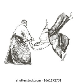 Karate Sparring with Fighter in Kimono Throwing His Opponent on the Ground Vector Illustration. Oriental Combat Practise. Eastern Martial Art and Professional Fighting Concept in Hand Drawn Style