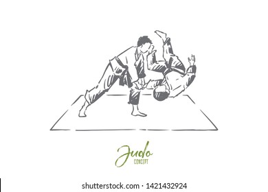 Karate sparring, young fighter in kimono throwing opponent on mat, oriental combat practice, training. Eastern martial arts, professional fighting concept sketch. Hand drawn vector illustration