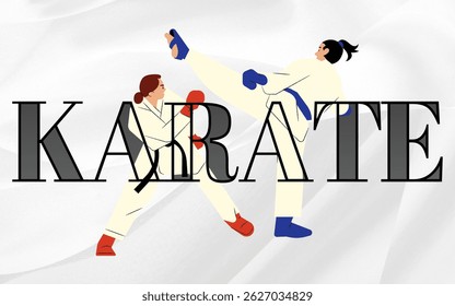 Karate sport with fighting pose. Martial arts graphic concept with simple Karate lettering. Hand Drawn Flat Cartoon Vector Illustration. Karate writing