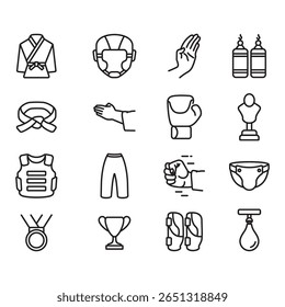 Karate Sport Icon Collection (em inglês). Vetores de estilo de linha fina. Contém ícones como uniformes de caratê, luvas de luta, socos e muito mais.