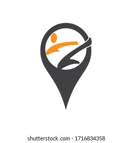 Karate sports place vector logo concepts. Man kicking and pin point icon.