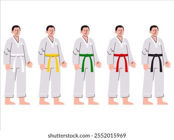 Karate Taekwondo Jiu-jitsu Aikido Judo martial arts suit uniform self-defense athlete waistband belt clothing Keikogi Dobok clothes sport wear colorful design icon set collection