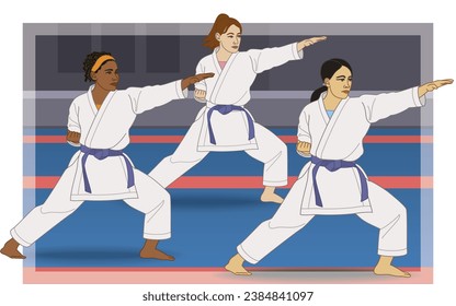 karate drei weibliche kulturelle Vielfalt in kata Haltung auf matte mit dojo im hintergrund