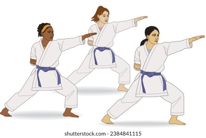 karate three females cultural diversity in kata stance isolated on a white background