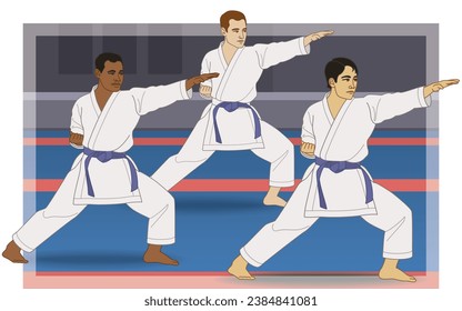 karate drei männliche kulturelle Vielfalt in kata Haltung auf matte mit dojo im hintergrund