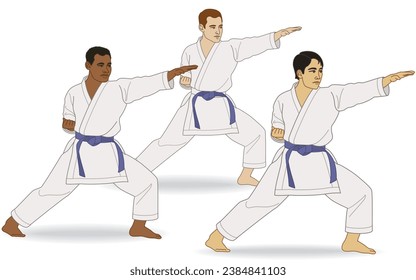 karate three males cultural diversity in kata stance isolated on a white background