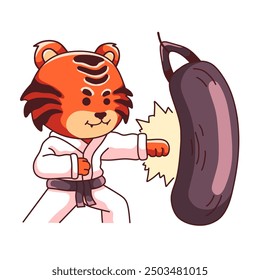 Karate Tiger schlagen Boxsack Cartoon Illustration. Tigerfigur mit Karatekleidung und schwarzem Gürtel. handgezeichnet auf weißem Hintergrund