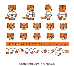 Karate tiger mascot in white kimono creation kit. Create your own action, pose, animation. Vector illustration set