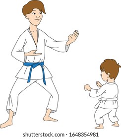 Karate training, child and teacher, karate sport, learn karate