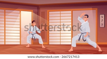 Karate. Training of karate fighter in battle room exact vector martial arts concept illustration