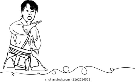 Karate vector, Kung fu logo, sketch drawing of young boy playing karate, line art vector silhouette of kung fu player