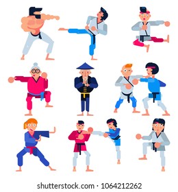 Karate vector martial karate-do character training attack illustration set of man or woman and elderly people in sportswear practicing in judo or taekwondo sport isolated on white background