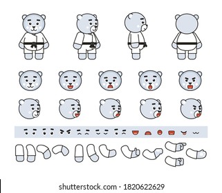 Karate white bear creation set. Create your own action, animation, pose. Vector illustration bundle