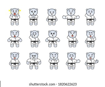 Karate white bear set showing various emotions. Karate polar bear emoticons: amazed, begging, angry, sad, in rage, tired, suspicious and other expressions. Vector illustration bundle