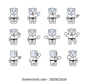 Karate white bear set showing various hand gestures. Cute karate polar bear pointing, greeting, showing thumb up, celebrating and other gestures. Vector illustration bundle