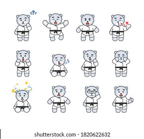 Karate white bear set showing various emotions. Karate polar bear emoticons: thinking, angry, surprised, dazed, crying, in love, sleeping and other expressions. Vector illustration bundle