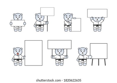 Karate white bear set with various blank banners. Vector illustration bundle