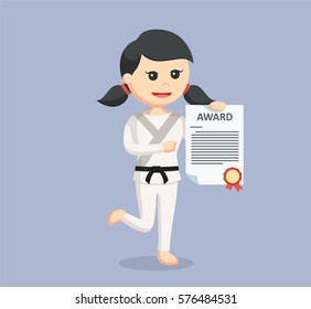 karate woman with award certificate