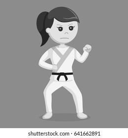 karate woman combat pose black and white style