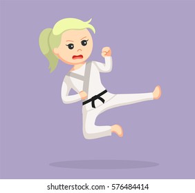 Karate Woman Doing Flying Kick