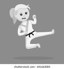 karate woman doing flying kick black and white style