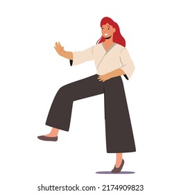 Karate Woman Fighter In Kimono? Karateka Female Character Stand with Raised Leg and Arm. Japan Traditional Martial Arts. Girl In Self-defense Presentation. Cartoon People Vector Illustration