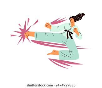 Karate woman fighter in kimono and black belt, jump kick in action vector flat illustration. Asian martial art training practice, Japanese female wrestler. Karate hit with movement lines isolated