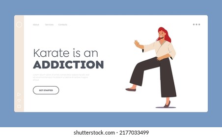 Karate Woman Fighter In Kimono. Landing Page Template. Karateka Female Character Stand with Raised Leg and Arm. Japan Traditional Martial Arts Presentation. Cartoon People Vector Illustration