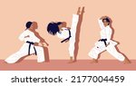 Karate woman fighter in kimono. Set of karate poses. Girl self defense skills. Girl in White Kimono. Flat Vector Illustration