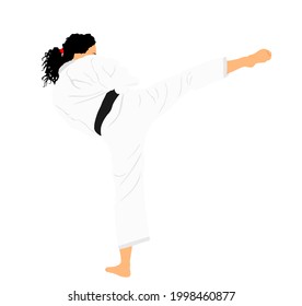 Karate woman fighter in kimono vector illustration. Japan traditional martial art sport discipline. Girl self defense skills. In healthy body healthy mind. Lady protect yourself against aggressor.