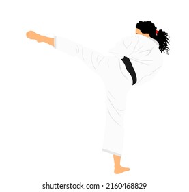 Karate Woman Fighter In Kimono Vector Illustration. Japan Traditional Martial Art Sport Discipline. Girl Self Defense Skills. In Healthy Body Healthy Mind. Lady Protect Yourself Against Aggressor.