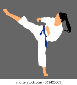 Karate woman fighter in kimono, vector illustration. Blue belt category. Japan traditional martial art. Girl in self-defense presentation. In healthy body healthy mind. Karate mom.