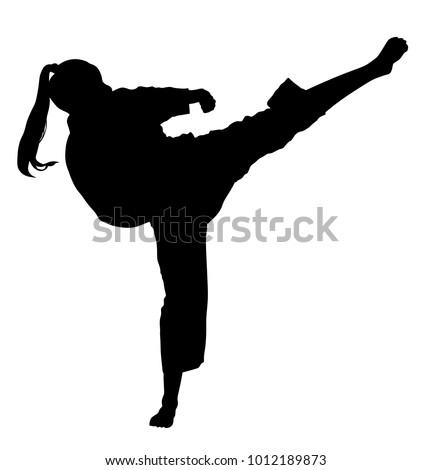 Karate woman fighter in kimono, vector silhouette illustration. Japan traditional martial art. Girl in self-defense presentation. In healthy body healthy mind. Karate mom.