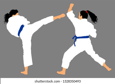 Karate woman fighters in kimono, vector illustration. Judo fighters ladies battle. Japan traditional martial art. Self defense presentation. In healthy body healthy mind. Sport skills demonstration.