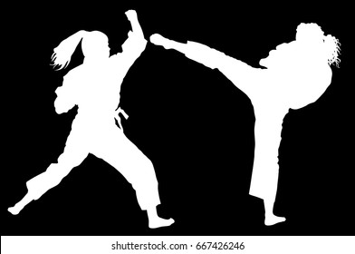 Karate woman fighters in kimono, vector silhouette illustration. Judo fighters ladies battle. Japan traditional martial art. Self-defense presentation. In healthy body healthy mind.