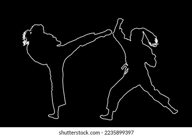 Karate woman fighters line contour vector silhouette illustration isolated on black. Judo fighters ladies battle. Japan traditional martial art. Self defense. Healthy body healthy mind. Sport skills.